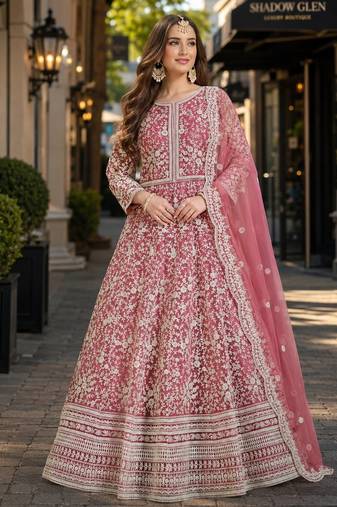 Pink embroidered net semi stitched anarkali suit