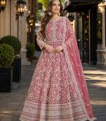 Pink embroidered net semi stitched anarkali suit