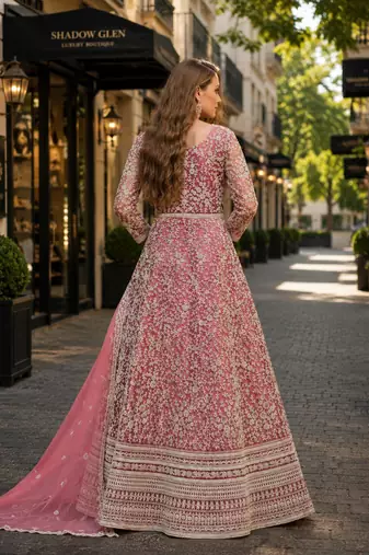 Pink embroidered net semi stitched anarkali suit