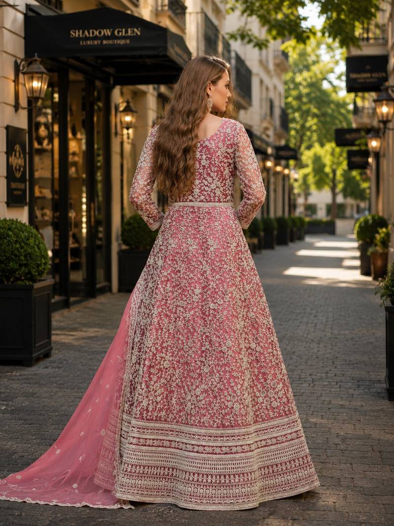 Pink embroidered net semi stitched anarkali suit