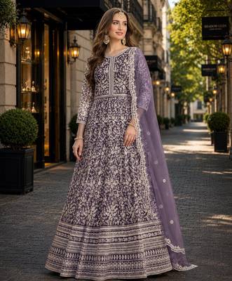 Lavender embroidered net semi stitched anarkali suit 1