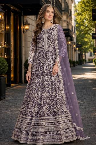 Lavender embroidered net semi stitched anarkali suit