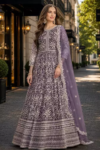Lavender embroidered net semi stitched anarkali suit