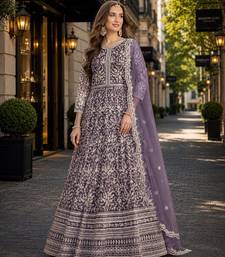 Lavender embroidered net semi stitched anarkali suit