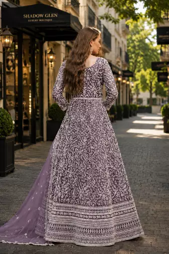 Lavender embroidered net semi stitched anarkali suit