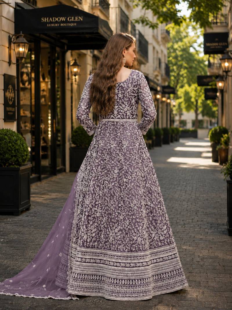 Lavender embroidered net semi stitched anarkali suit