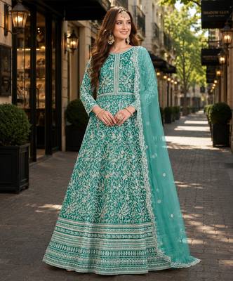 Sea green embroidered net semi stitched anarkali suit 1