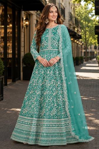 Sea green embroidered net semi stitched anarkali suit