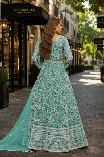 Sea green embroidered net semi stitched anarkali suit