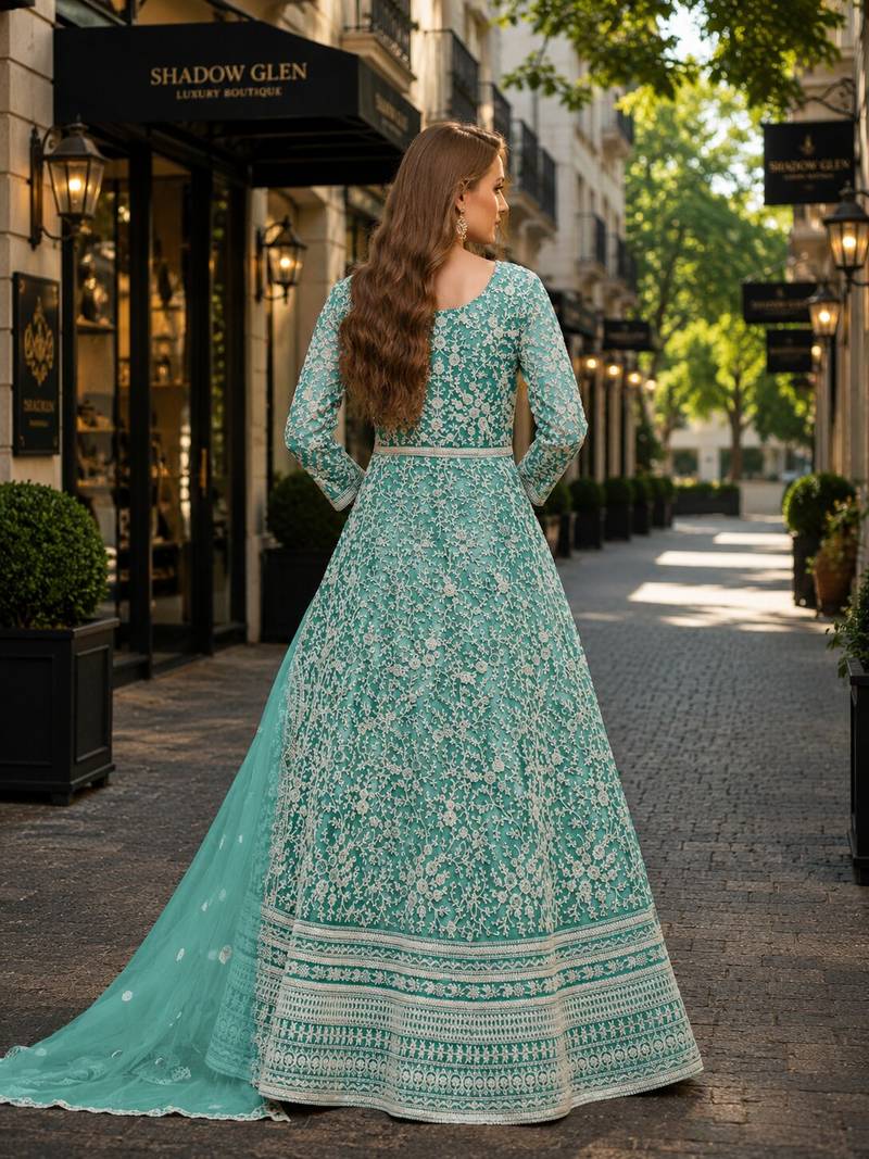 Sea green embroidered net semi stitched anarkali suit
