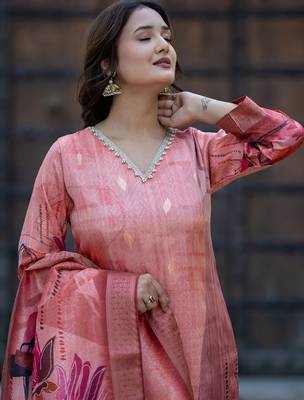 Women Floral Printed Regular Beads and Stones Chanderi Silk Kurta with Trousers & With Dupatta 2
