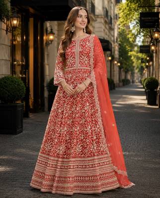 Orange embroidered net semi stitched anarkali suit 1