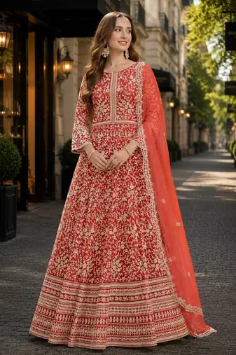 Orange embroidered net semi stitched anarkali suit