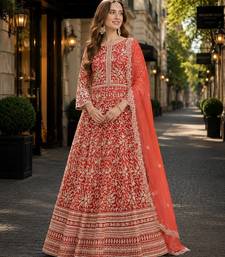 Orange embroidered net semi stitched anarkali suit