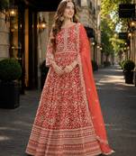Orange embroidered net semi stitched anarkali suit