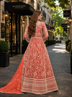 Orange embroidered net semi stitched anarkali suit 2