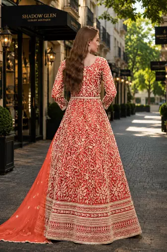 Orange embroidered net semi stitched anarkali suit
