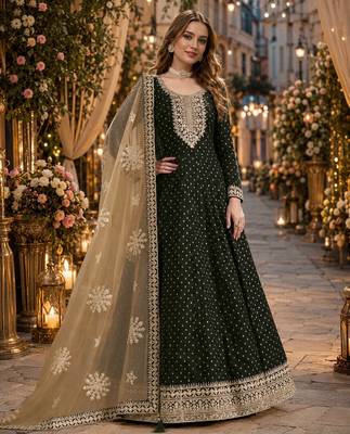 Black embroidered jacquard chanderi semi stitched anarkali suit 1