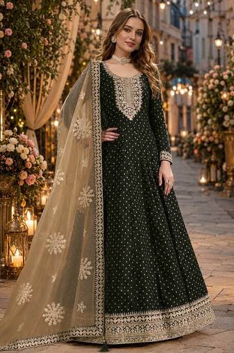 Black embroidered jacquard chanderi semi stitched anarkali suit