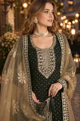 Black embroidered jacquard chanderi semi stitched anarkali suit