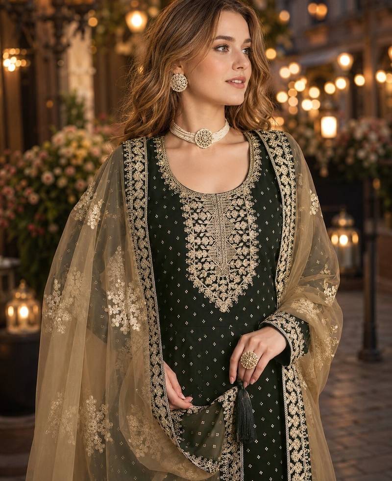 Black embroidered jacquard chanderi semi stitched anarkali suit