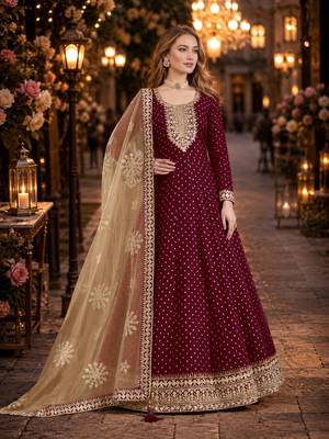 Purple embroidered jacquard chanderi semi stitched anarkali suit 1
