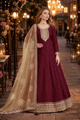 Purple embroidered jacquard chanderi semi stitched anarkali suit