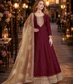 Purple embroidered jacquard chanderi semi stitched anarkali suit