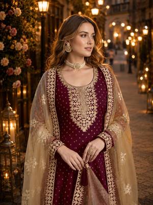 Purple embroidered jacquard chanderi semi stitched anarkali suit 2