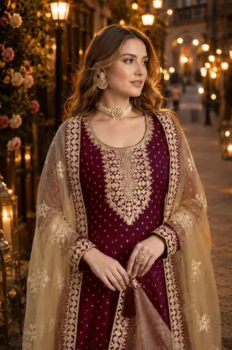 Purple embroidered jacquard chanderi semi stitched anarkali suit