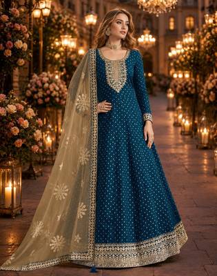Teal embroidered jacquard chanderi semi stitched anarkali suit 1