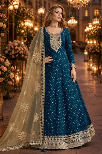 Teal embroidered jacquard chanderi semi stitched anarkali suit