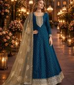 Teal embroidered jacquard chanderi semi stitched anarkali suit