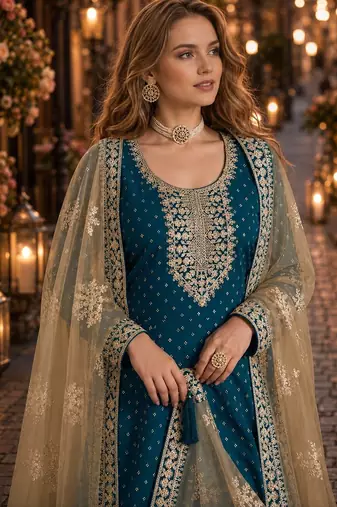 Teal embroidered jacquard chanderi semi stitched anarkali suit