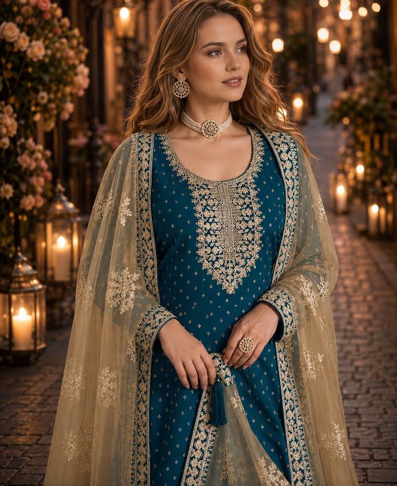 Teal embroidered jacquard chanderi semi stitched anarkali suit