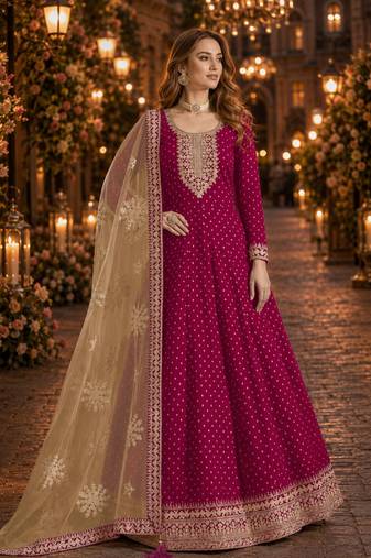 Rani pink embroidered jacquard chanderi semi stitched anarkali suit