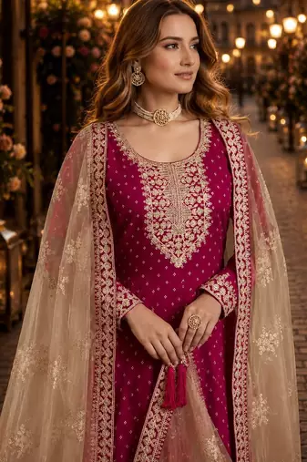 Rani pink embroidered jacquard chanderi semi stitched anarkali suit