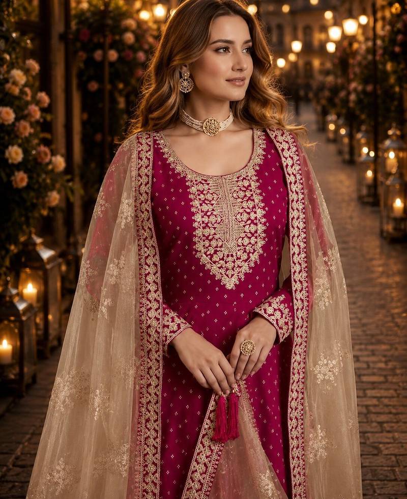 Rani pink embroidered jacquard chanderi semi stitched anarkali suit