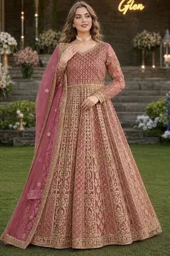 Peach embroidered net semi stitched anarkali suit