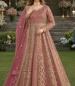 Peach embroidered net semi stitched anarkali suit