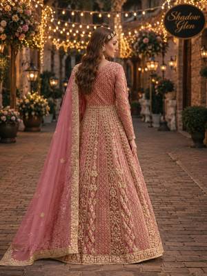 Peach embroidered net semi stitched anarkali suit 2