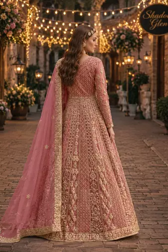 Peach embroidered net semi stitched anarkali suit
