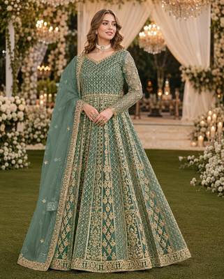Green embroidered net semi stitched anarkali suit 1