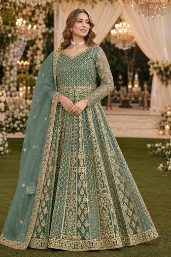Green embroidered net semi stitched anarkali suit