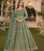 Green embroidered net semi stitched anarkali suit