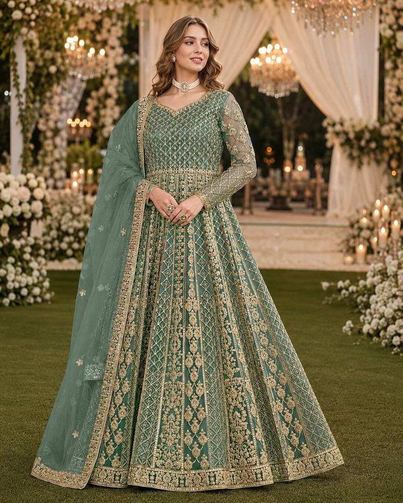 Green embroidered net semi stitched anarkali suit