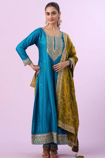 Dark-teal silk blend embroidered kurta set