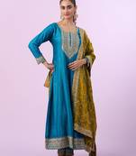 Dark-teal silk blend embroidered kurta set
