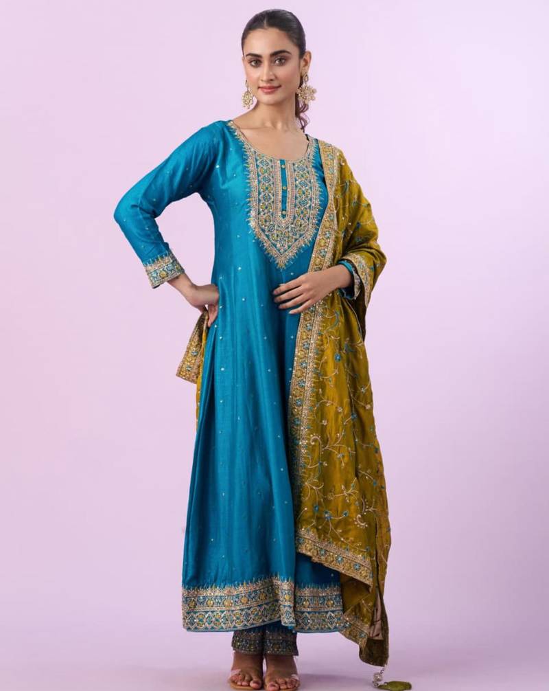 Dark-teal silk blend embroidered kurta set