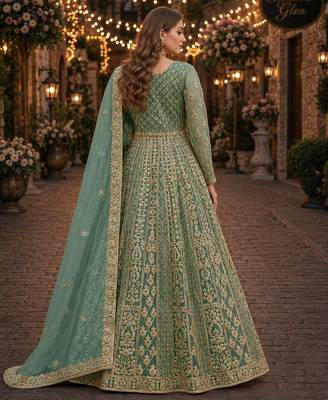Green embroidered net semi stitched anarkali suit 2